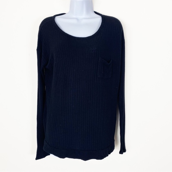 CHASER Black Waffle Knit Lightweight Long Sleeve Shirt Semi Sheer Medium - Picture 1 of 5